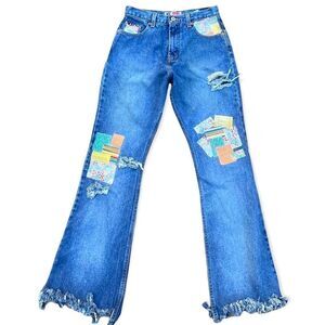 Vintage Y2K DIY up cycled distressed patch flare leg jeans small